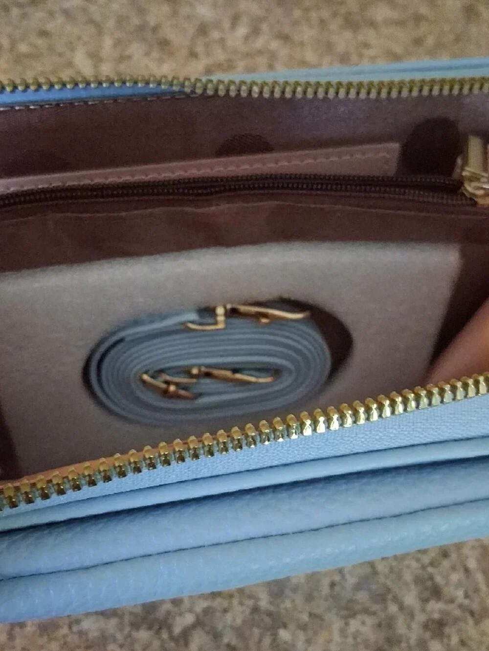 Light Blue Faux Pebble Leather Tiny BIG Bag Clutch Wallet with Gold Frame